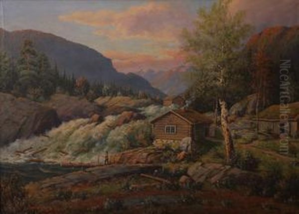 Landskap Med Foss Og Hytte Oil Painting by Ernst Aschenbach