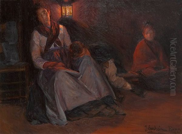 Rastende Mutter Mit Ihren Kindern Im Licht Einer Laterne Oil Painting by Jehudo Epstein