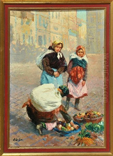 Gemuseverkauferinnen Am Marktplatz Oil Painting by Erno Erb