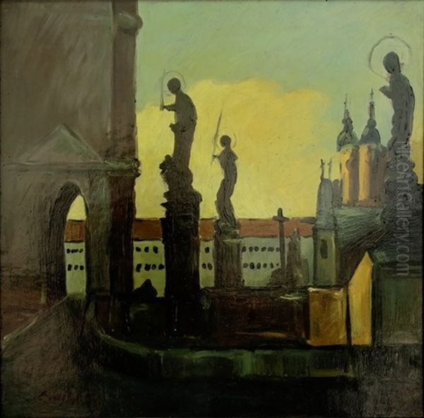 Prague City Scape Oil Painting by Adalbert Erdelyi