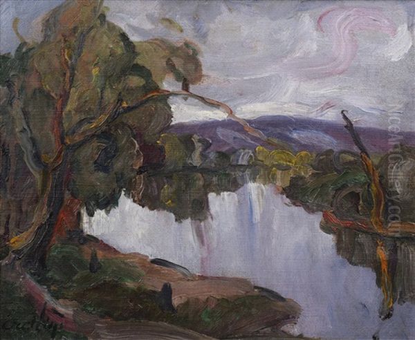 Landscape With River Oil Painting by Vojtech Erdelyi