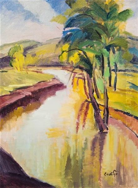 River Landscape Oil Painting by Vojtech Erdelyi
