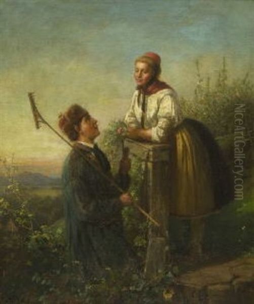 Unterhaltung Am Zaun Oil Painting by Ludwig Erdmann
