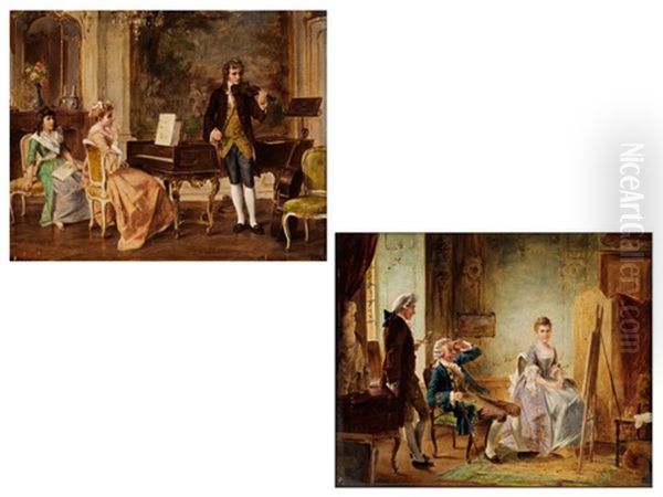 Malerei - Im Atelier Des Portraitmalers (+ Musik - Der Geigenspieler Im Salon Mit Zwei Damen Am Flugel; Pair) Oil Painting by Otto Erdmann