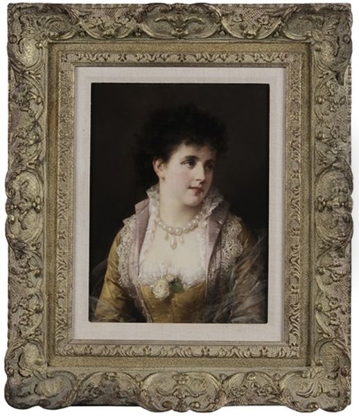 Portrait Of A Young Beauty In Pearls And Lace, Satin Gown Oil Painting by Otto Erdmann