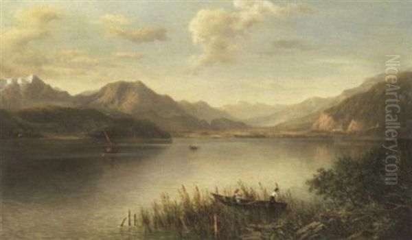 Panoramalandschaft. Ein Alpiner See, Hinterfangen Von Einem Hochgebirgszug Oil Painting by Wilhelm Erhardt