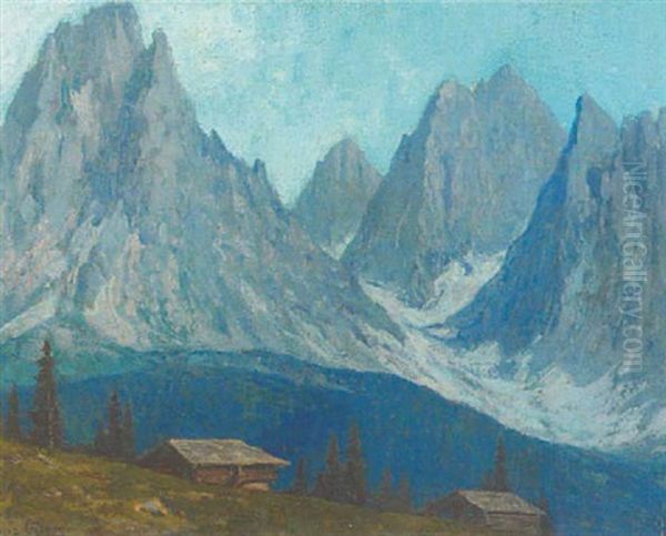 Langkofelgruppe Mit Hartlalm In Den Grodner Dolomiten Oil Painting by Franz Erler