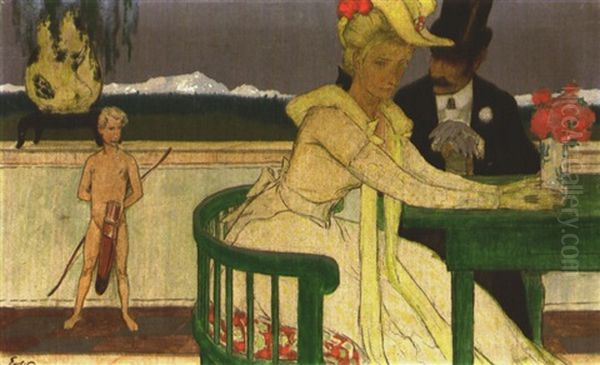 Liebespaar Auf Einer Terrasse Vor Weiter Fruhlingslandschaft Mit Schneebedeckten Bergen Oil Painting by Fritz Erler