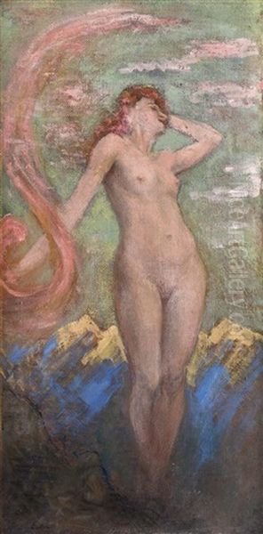 Allegorie Des Fruhlings - Frauenakt Mit Wehendem Roten Tuch Vor Schneebedeckten Alpengipfeln Oil Painting by Georg Erler