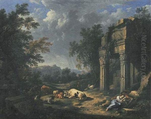 A Wooded Landscape With Travellers Resting Amongst Classical Ruins, Cattle, Sheep And Goats Nearby Oil Painting by Johann Franciscus Ermels