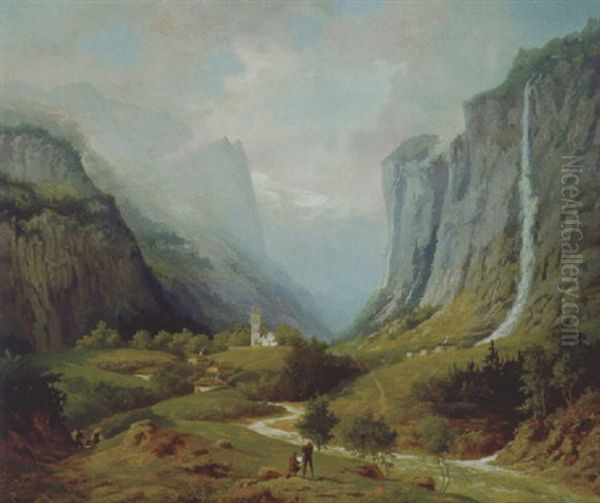 Staubbachfall Im Lauterbrunnertal Oil Painting by Emil Von Ernst