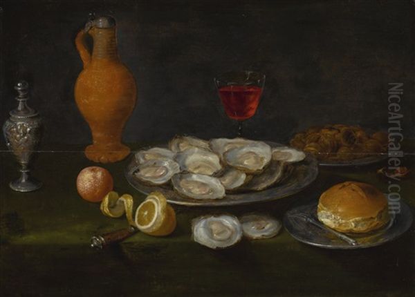 A Still Life With Oysters, Chestnuts, All On Pewter Plates, Together With A Peeled Lemon, An Orange And Other Items On A Table Oil Painting by Jacob Foppens Van Es: