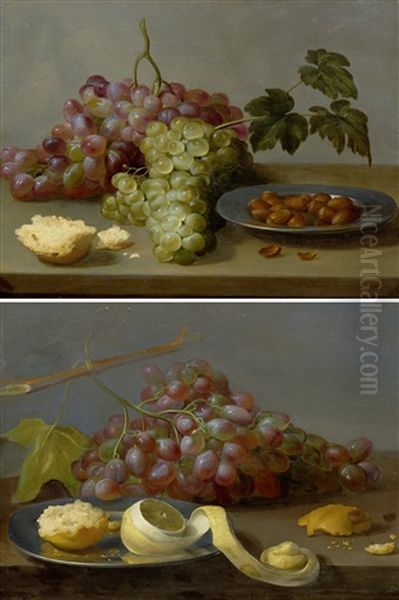 Pair Of Works: Still Life With Grapes And Hazel Nuts On A Table/still Life With Grapes, A Lemon And Bread On A Table Oil Painting by Jacob Foppens Van Es: