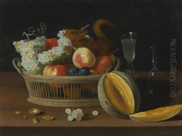 Still Life With A Basket Of Fruit And A Squirrel, Glasses, And A Cut Melon On A Tabletop Oil Painting by Jacob Foppens Van Es: