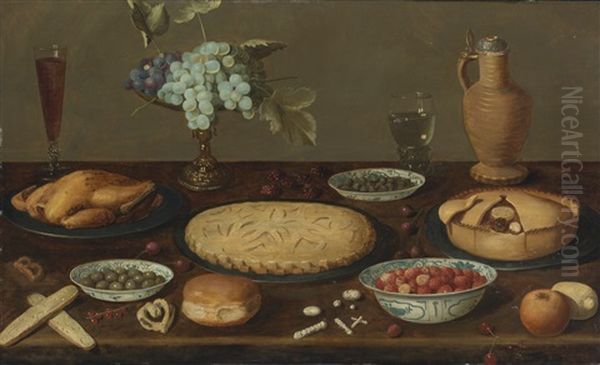 Still Life With Meat Pies, A Roast Fowl, Olives, Capers And Strawberries In Blue And White Porcelain Bowls, A Tazza With Grapes, A Roemer Filled With Wine, A Ceramic Jug And Other Items, All On A Wood Table Oil Painting by Jacob Foppens Van Es: