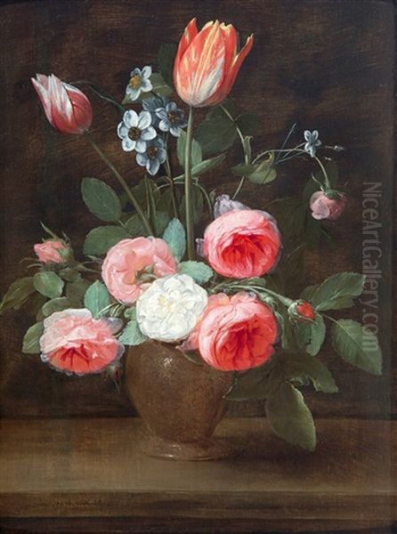 Bloemstilleven Van Rozen, Tulpen En Trosnarcissen In Een Stenen Vaas Oil Painting by Jacob Foppens Van Es: