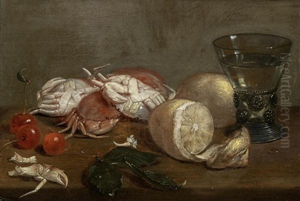 Still Life Of Crabs, Lemons, Cherries And A Wineglass On A Wooden Table Oil Painting by Jacob Foppens Van Es: