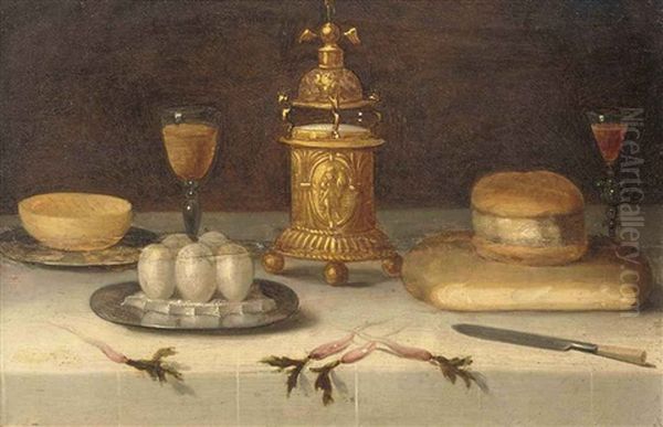 A Silver-gilt Salt Holder, A Loaf Of Bread, A Knife, Facon-de-vanise Wine Glasses, Eggs On A Silver Platter And Parsnips, All On A Draped Table Oil Painting by Jacob Foppens Van Es: