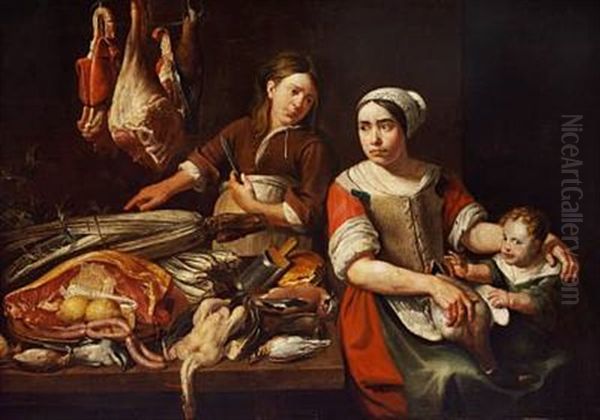 At The Butcher Oil Painting by Jacob Foppens Van Es: