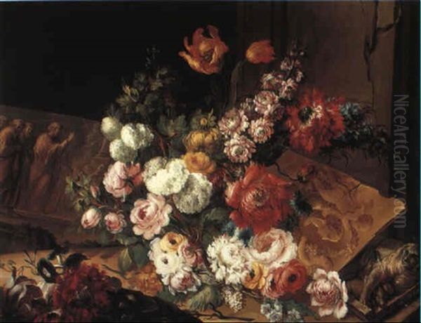 Still Life With Flowers With Stone Bas-reliefs On A Table Oil Painting by Benito Espinos