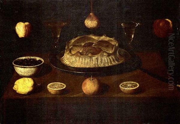 Still Life Of A Meat Pie, Glasses Of Wine, A Bowl Of        Black Olives, Lemons An Apple And A Knife Arranges On A Oil Painting by Juan Bautista de Espinosa