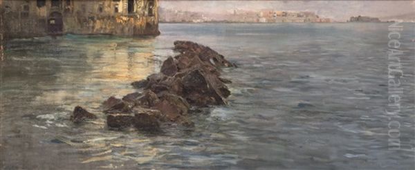 Marina Di Napoli Con Palazzo Donn'anna Sullo Sfondo Oil Painting by Gaetano Esposito