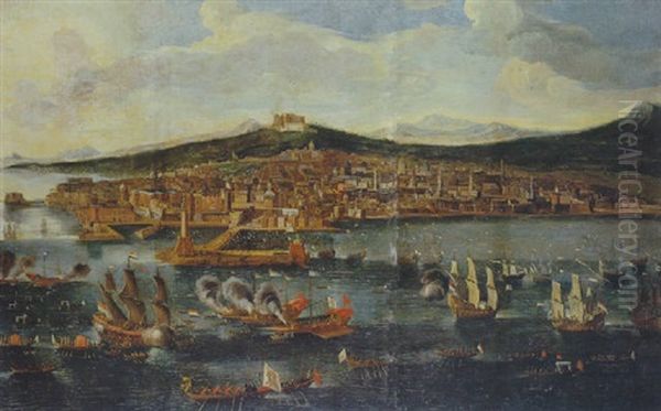 Veduta Di Napoli Dal Mare Con Manifestazione Navale Nella Rada Oil Painting by Jan Van Essen