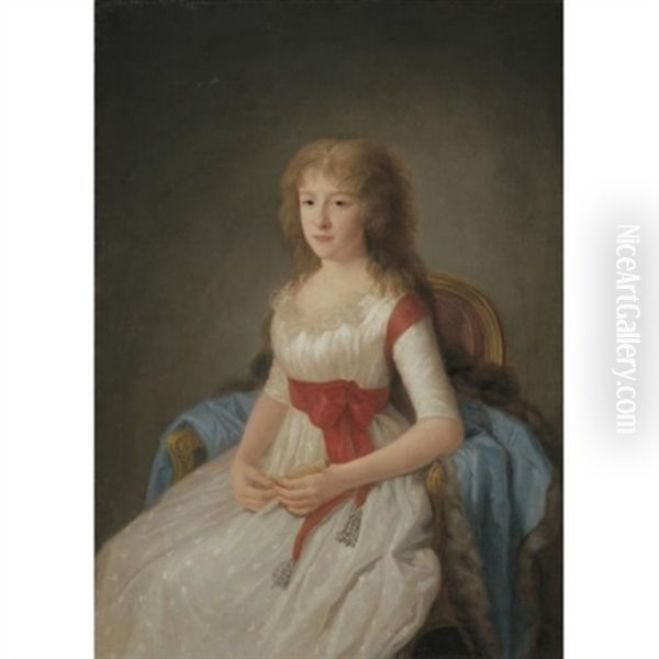 Portrait Of A Young Woman In A White Dress Oil Painting by Agustin Esteve Y Marques
