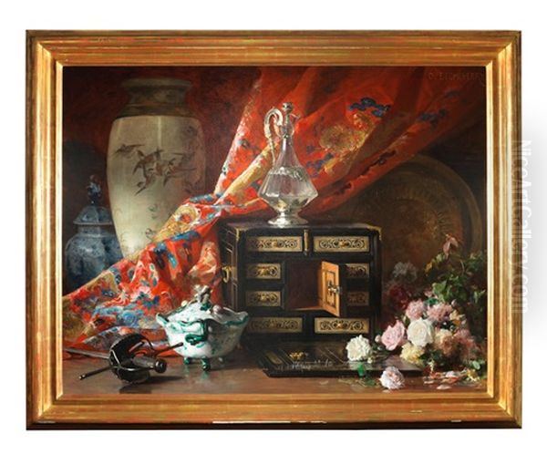 Still Life Of Flowers, Cabinet And Crystal Ewer Oil Painting by Hubert-Denis Etcheverry