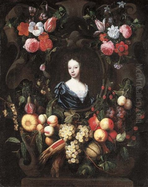 Portrait Of A Lady, Bust-length, In A Blue Dress, In An Architectural Niche Surrounded By A Garland Of Fruit, Vegetables And Flowers Oil Painting by Frans Van Everbroeck