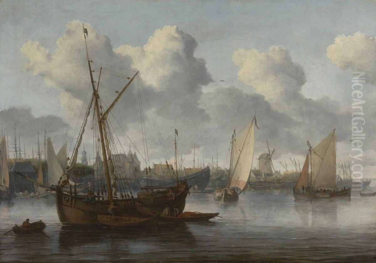 Fishing Boats In A Harbor Oil Painting by Allaert van Everdingen