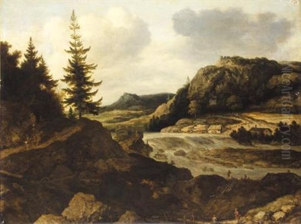 A Mountainous River Landscape With Travellers, A Herder And Sheep In The Foreground, A Mill On The Far River-bank Oil Painting by Allaert van Everdingen