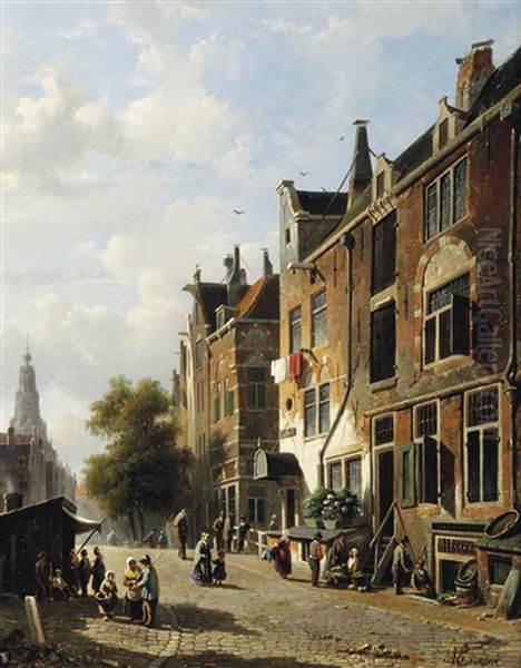 A Sunny Day With Figures In An Amsterdam Street, The Westerkerk Beyond Oil Painting by Adrianus Eversen