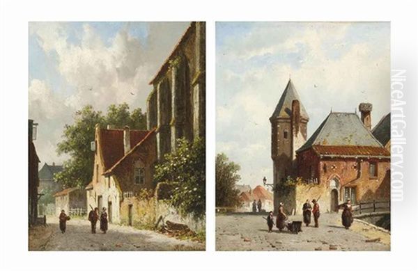 Figures In Utrecht And Leyden (pair) Oil Painting by Adrianus Eversen