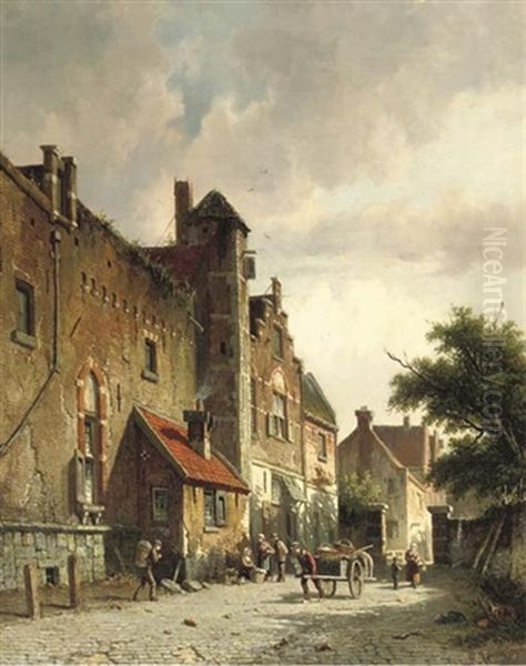 Activities On A Dutch Village Street Oil Painting by Adrianus Eversen