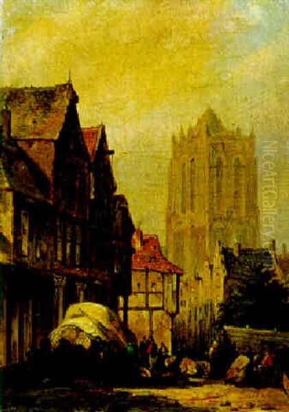 Stadtansicht Mit Einem Markt Im Vordergrund Oil Painting by Adrianus Eversen