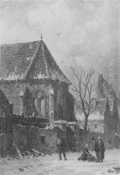 Figures On A Street Before A Church, Winter Oil Painting by Adrianus Eversen
