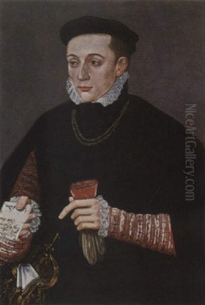A Portrait Of A Young Nobleman From The White Family, Waring A Red Coat With A White Shirt Under A Black Coat Oil Painting by Eworth or Ewoutsz, Hans