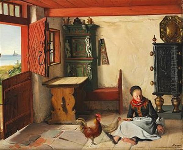 Interior From Fano With A Girl Playing With A Kitten. In The Background A Ship On The Sea Oil Painting by Johann Julius Exner