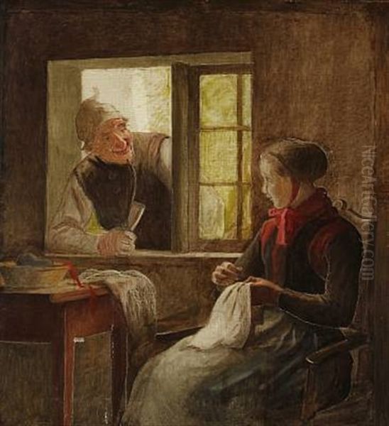 En Passiar (old Man And Young Woman In Conversation, Amager) (study) Oil Painting by Johann Julius Exner