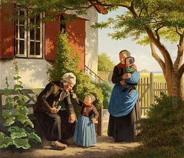 En Lille Pige Lader En Gammel Mand Lugte Til En Rose Oil Painting by Johann Julius Exner