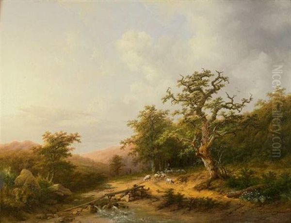 Berger Et Son Troupeau Sur Un Chemin Pres D'une Riviere Oil Painting by Charles van den Eycken I