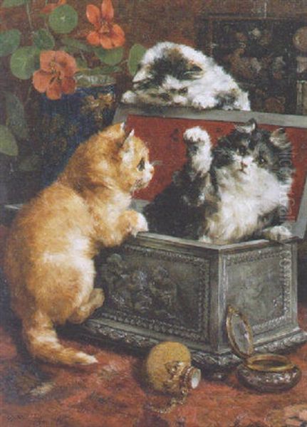 Mischevious Kittens Oil Painting by Charles van den Eycken