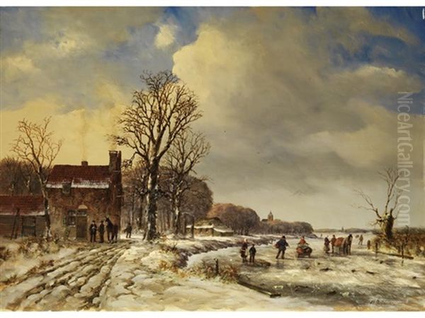 Verschneite Hollandische Landschaft Mit Vereistem Fluss Und Figurenstaffage Oil Painting by Arnoldus Johannes Eymer