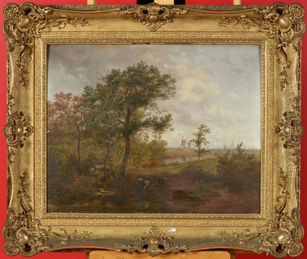 Paysage Aux Vaches Et Aux Moulins Oil Painting by Baron Eugene Louis van Delft d鈥?Eyssel