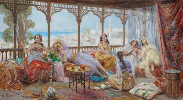 Harem Girls Resting On A Terrace, The Coast Beyond Oil Painting by Fabbio Fabbi