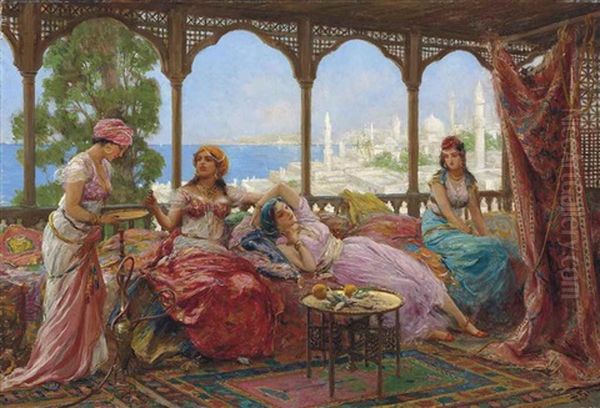 Resting On A Terrace Overlooking A Middle Eastern Coast Oil Painting by Fabbio Fabbi