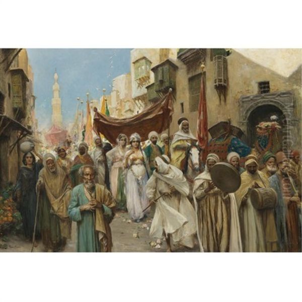 A Wedding Procession In Cairo Oil Painting by Fabbio Fabbi