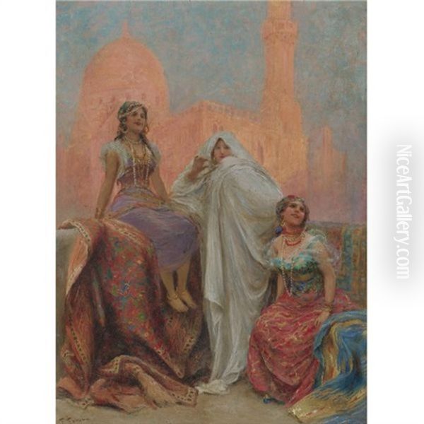 The Three Beauties Standing Before Al Rifa'i Mosque In Cairo Oil Painting by Fabbio Fabbi