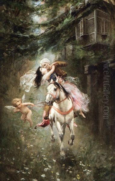 Cavalier Orientale Enlevant Une Jeune Fille (allegorie De L'amour) Oil Painting by Fabbio Fabbi